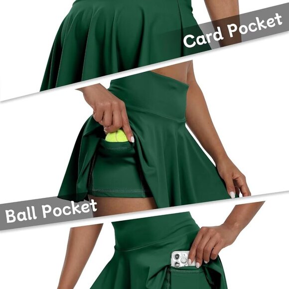 Women's Green High-Waisted Pleated Tennis Skirt with Pockets, Breathable Workout - Picture 4 of 6
